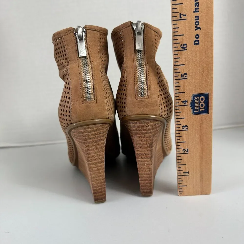 Pelle Moda Women's Tan Perforated Leather Peep Toe Wedge Bootie Shoes Size 6 M